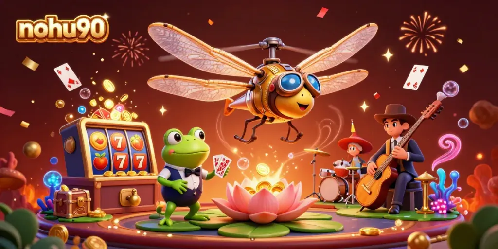 Engage with nohu90's vibrant casino scene featuring a dragonfly pilot and frog croupier, celebrating jackpots.