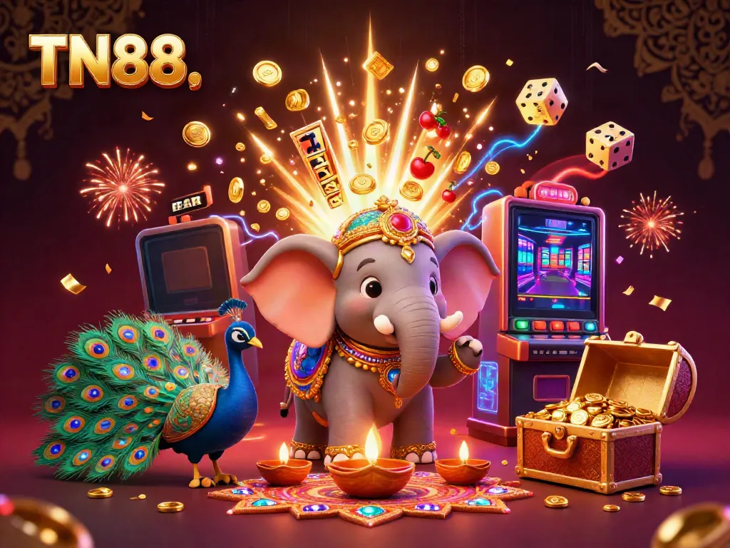 Experience TN88's vibrant world of online gaming with a colorful slot machine, festive characters, and lively casino elements.