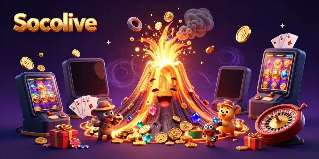 Socolive brings excitement with a vibrant eruption of treasure in this colorful 3D scene featuring winning casino elements.