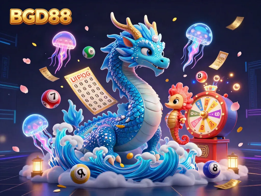 Experience BGD88 with an azure water dragon and seahorse knight amid thrilling gambling elements.