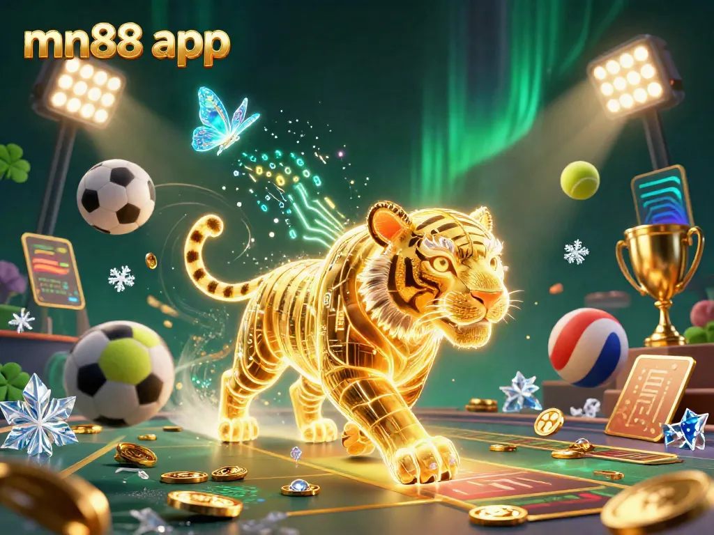 Engage with the mn88 app for thrilling digital casino experiences featuring a golden tiger in a vibrant landscape.