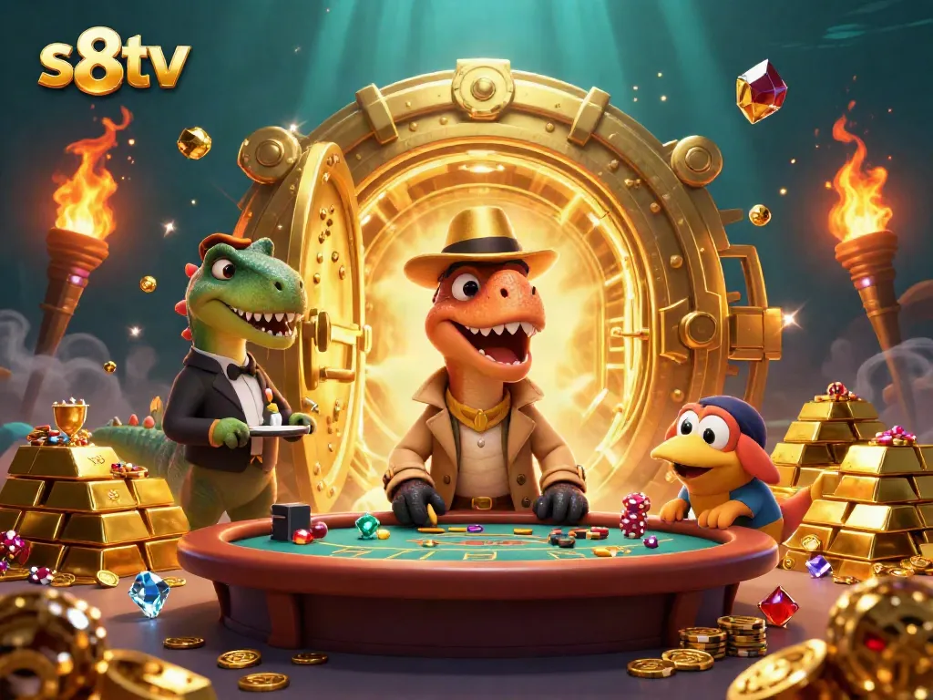 Watch a velociraptor card counter sneakily gaming at a blackjack table, surrounded by golden treasures at s8tv.