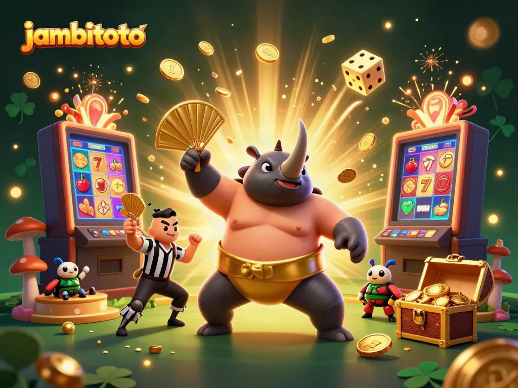 Experience the excitement of jambitoto with a vibrant 3D illustration of a beetle sumo champion and dynamic casino elements.