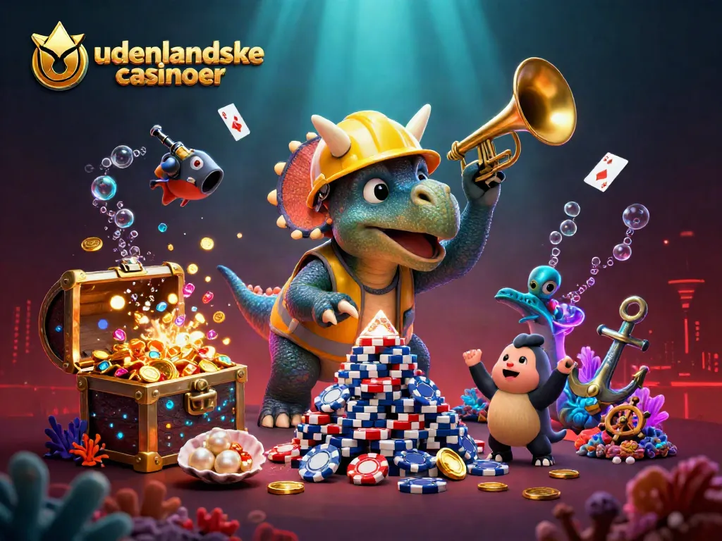 Experience the excitement of udenlandske casinoer through a colorful 3D illustration featuring playful characters and dynamic gaming elements.