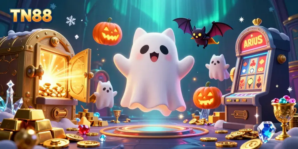 Experience TN88's haunted casino with ghost cats, glowing jack-o-lanterns, and treasure bursting with gems.