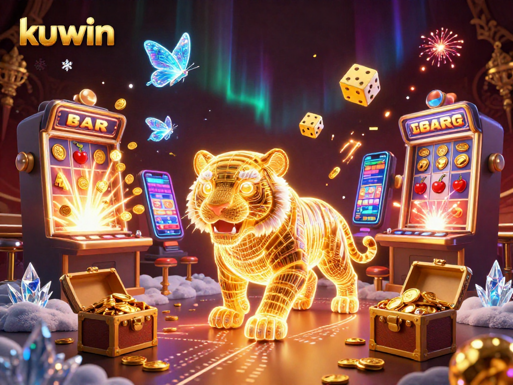 Kuwin's vibrant digital casino scene featuring a golden tiger and slot machines bursting with coins