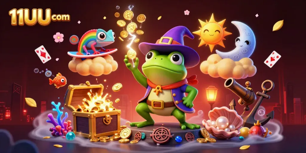 Engage with 11UU com as the frog wizard conjures golden coins amidst a lively gambling scene.