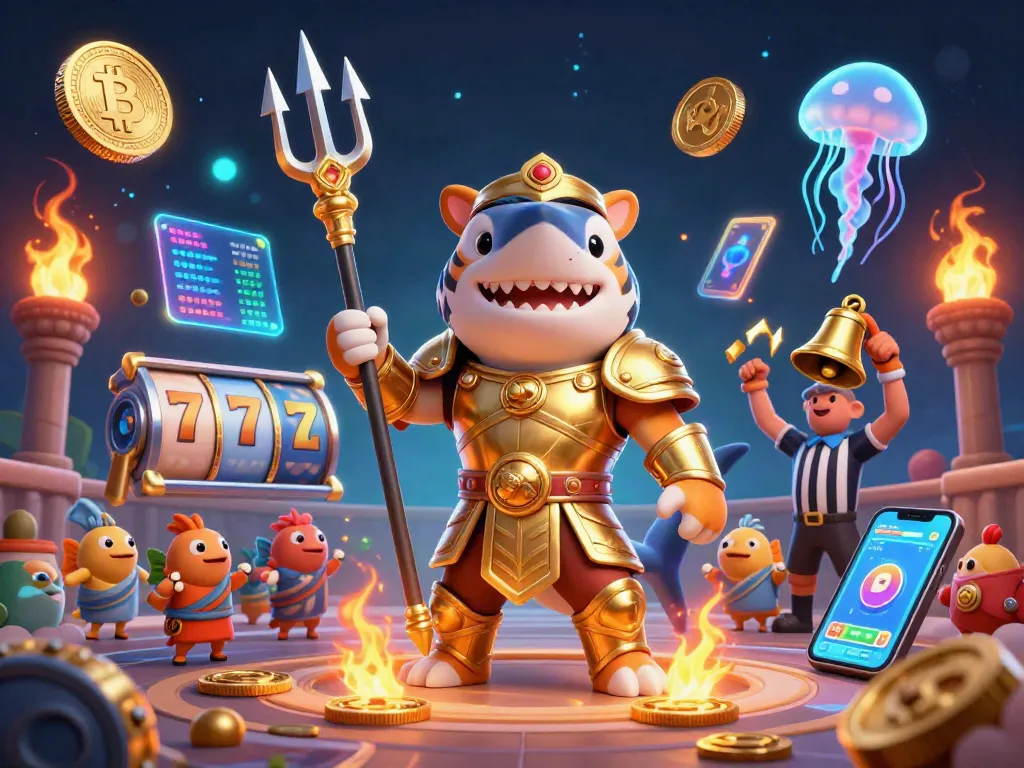 Experience the excitement of nổ hũ as the tiger shark in golden gladiator armor wields a trident amidst a vibrant underwater colosseum.