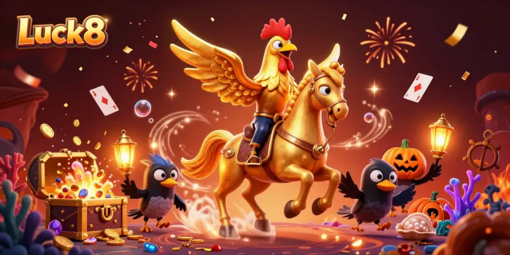 Join the thrilling casino adventure at Luck8, featuring a golden rooster and spectral horse amidst gold coins and magical elements.