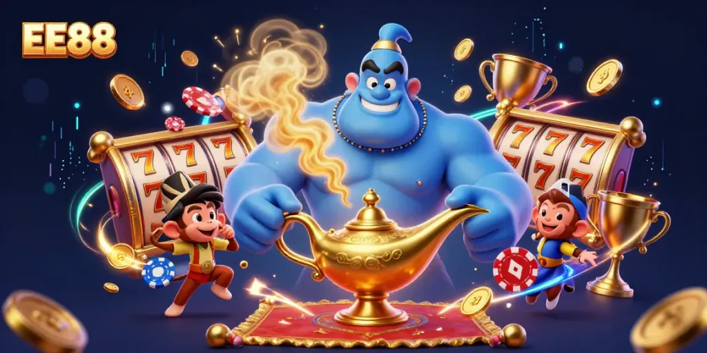 Experience the excitement of EE88's online gaming with vibrant visuals of a genie and jackpot elements.