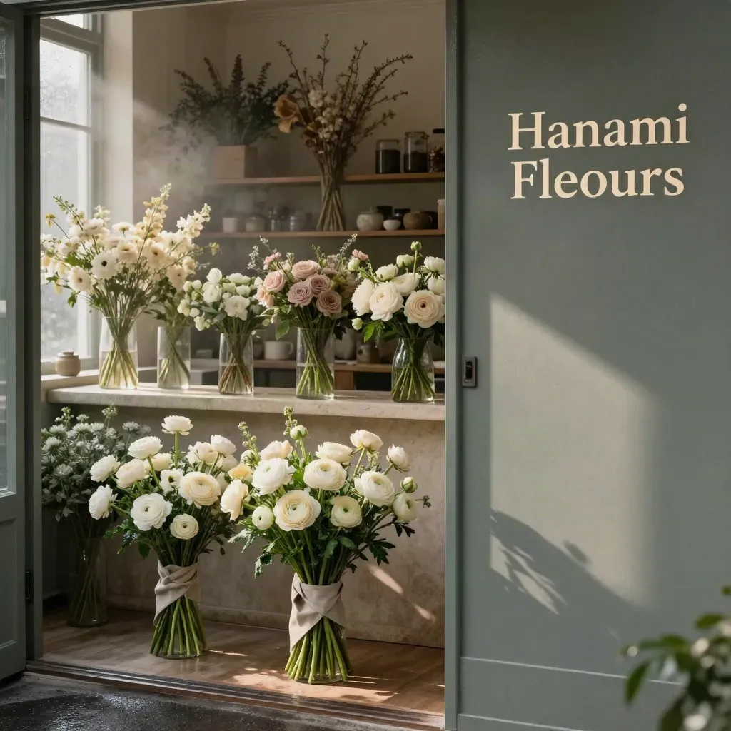 Atelier floral Hanami Fleurs au matin, bouquets et centres de table alignés sous la pluie.