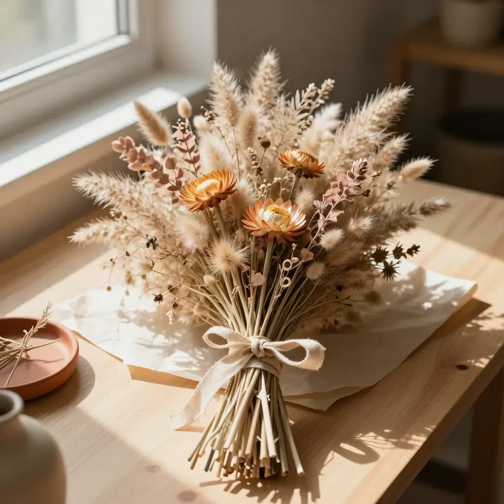 Bouquet de fleurs séchées beige rosé, prêt à offrir, sur bois clair.
