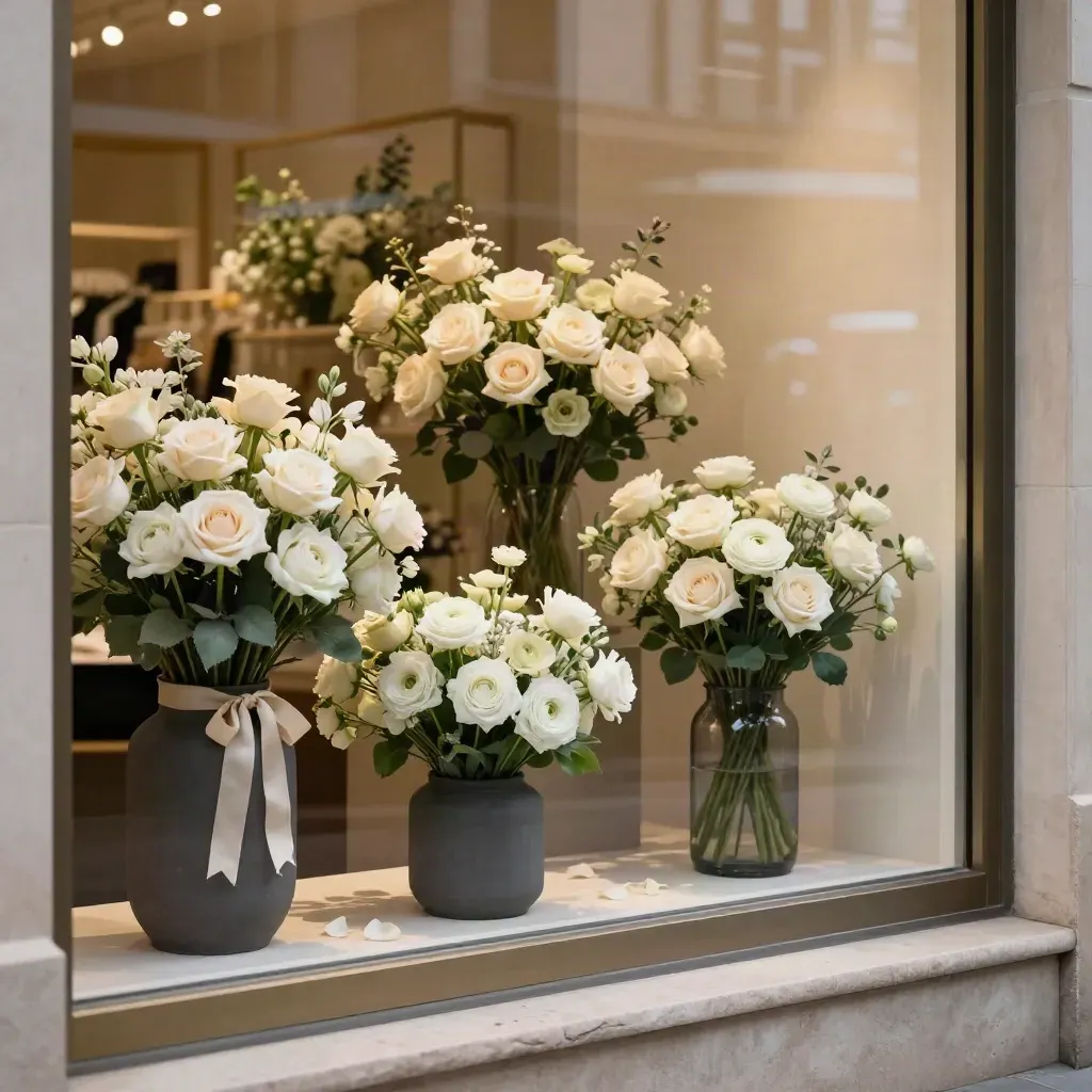 Vitrine fleurie de boutique au matin, bouquets d’accueil et socles charbon devant la vitre