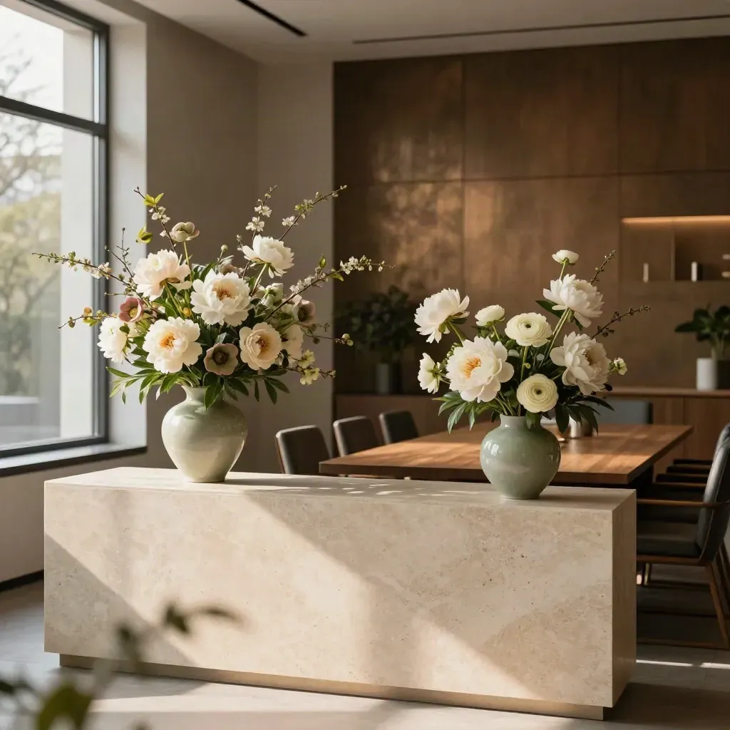 Bureau apaisé avec compositions en vase sauge sur comptoir de pierre et table de réunion au fond.
