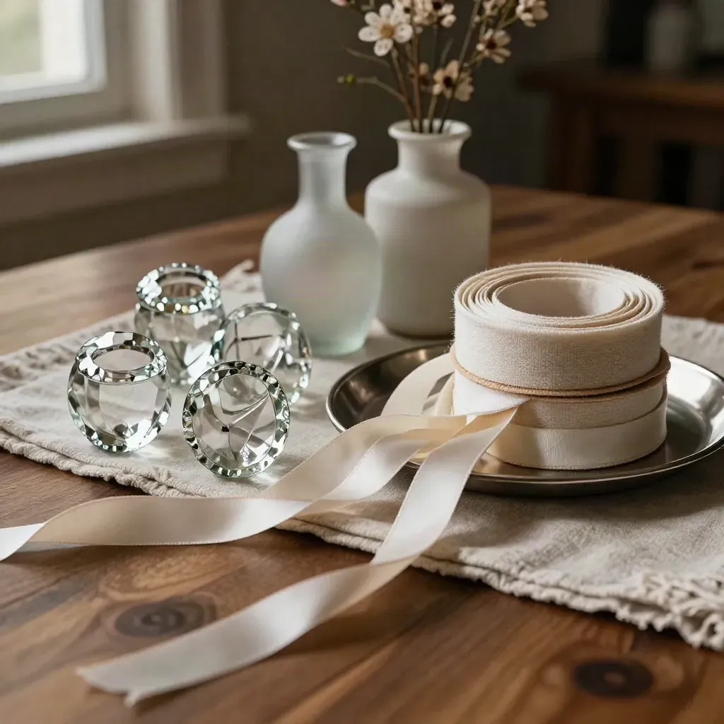 Photophores, mini-vases, anneaux de lin et rubans satinés sur une table d’atelier florale.