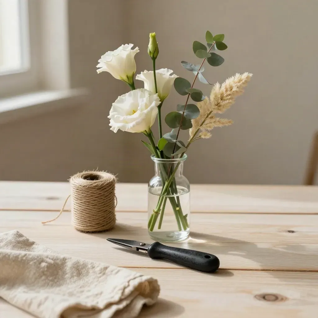Vase test, bobine de fil naturel, coupe-tige et trois tiges sur bois clair, lumière douce.