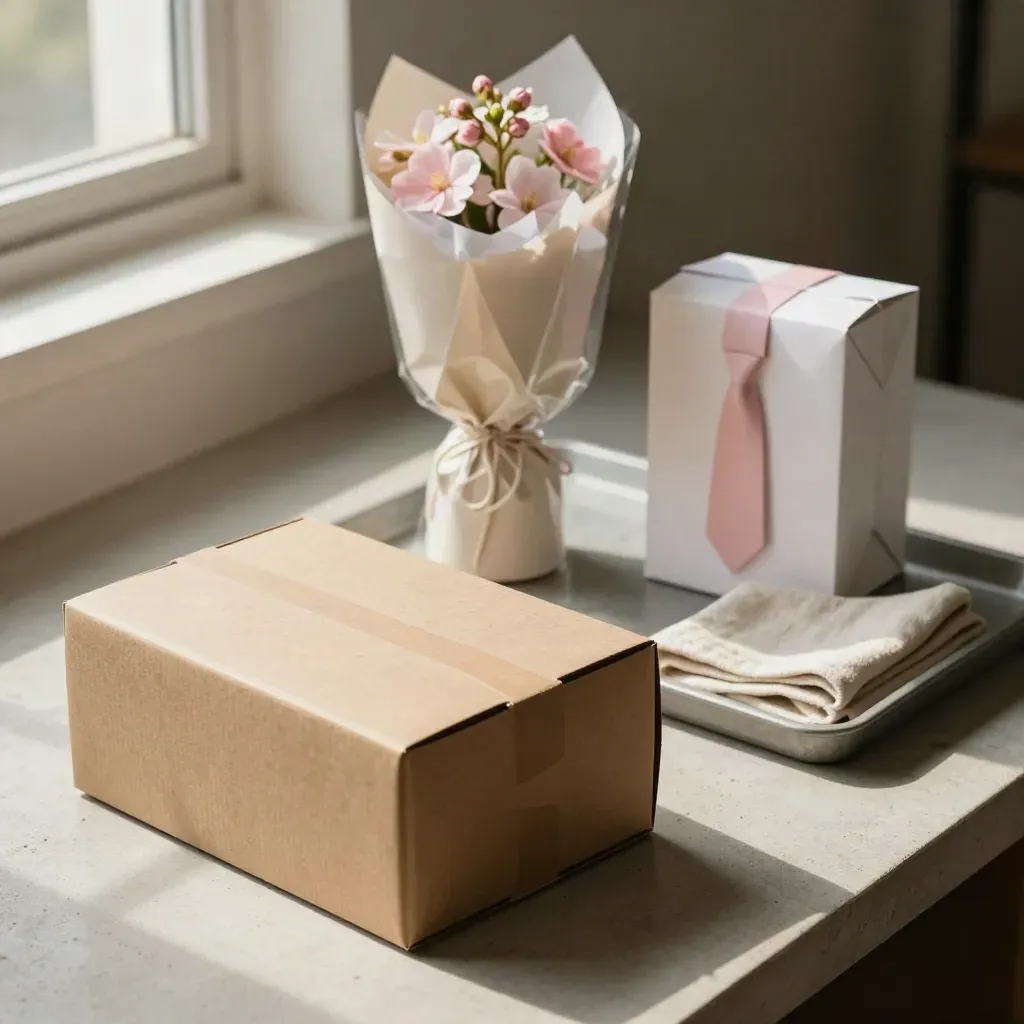 Colis floral en kraft avec vase enveloppé et protections sur plateau de pierre.