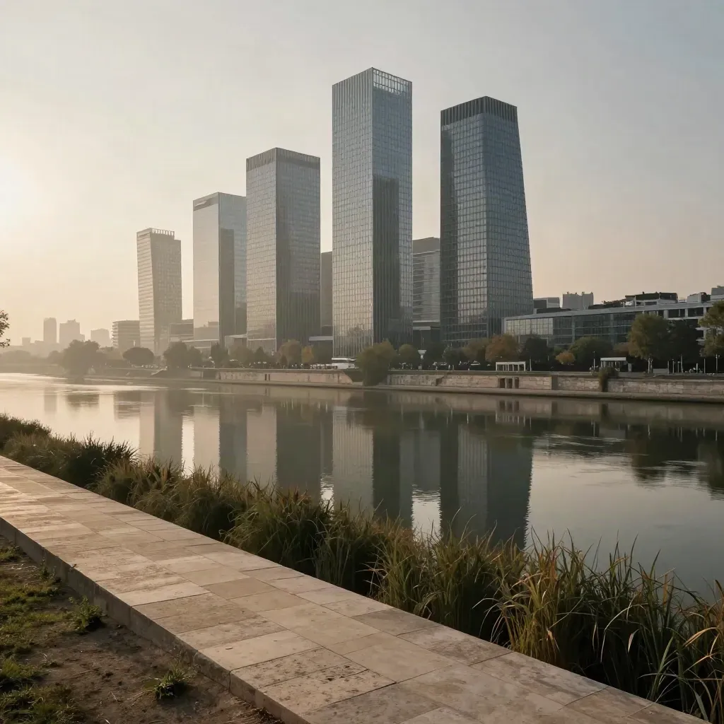 La Seine à Hauts-de-Seine avec La Défense au loin, berge calme et lumière douce.