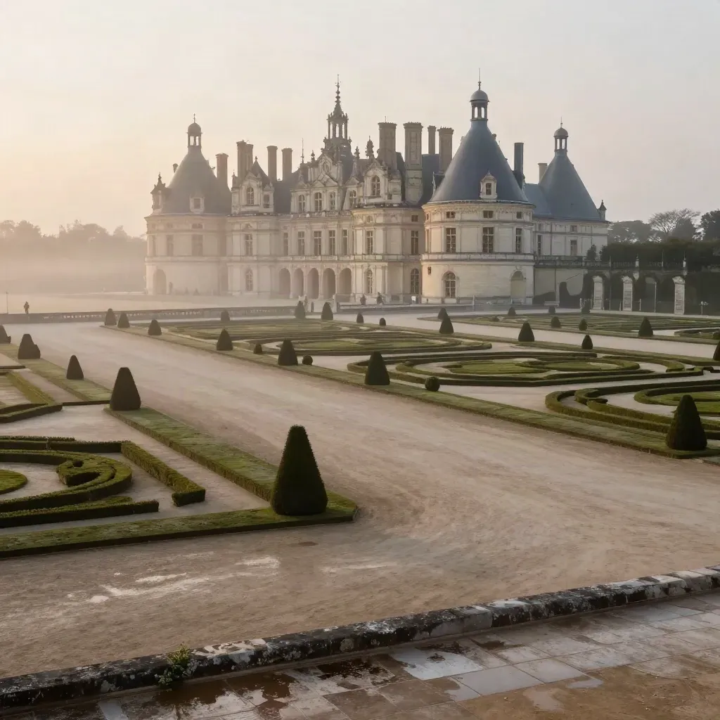 Vue large du château de Versailles dans la brume, au-dessus de parterres calmes de Yvelines.