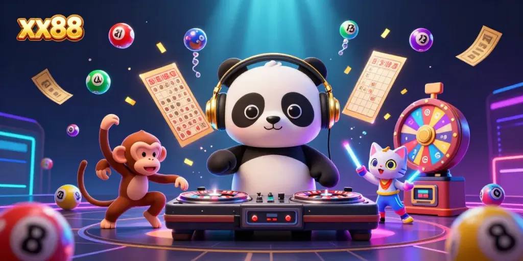 DJ panda spins the roulette wheel at xx88, surrounded by vibrant casino elements.