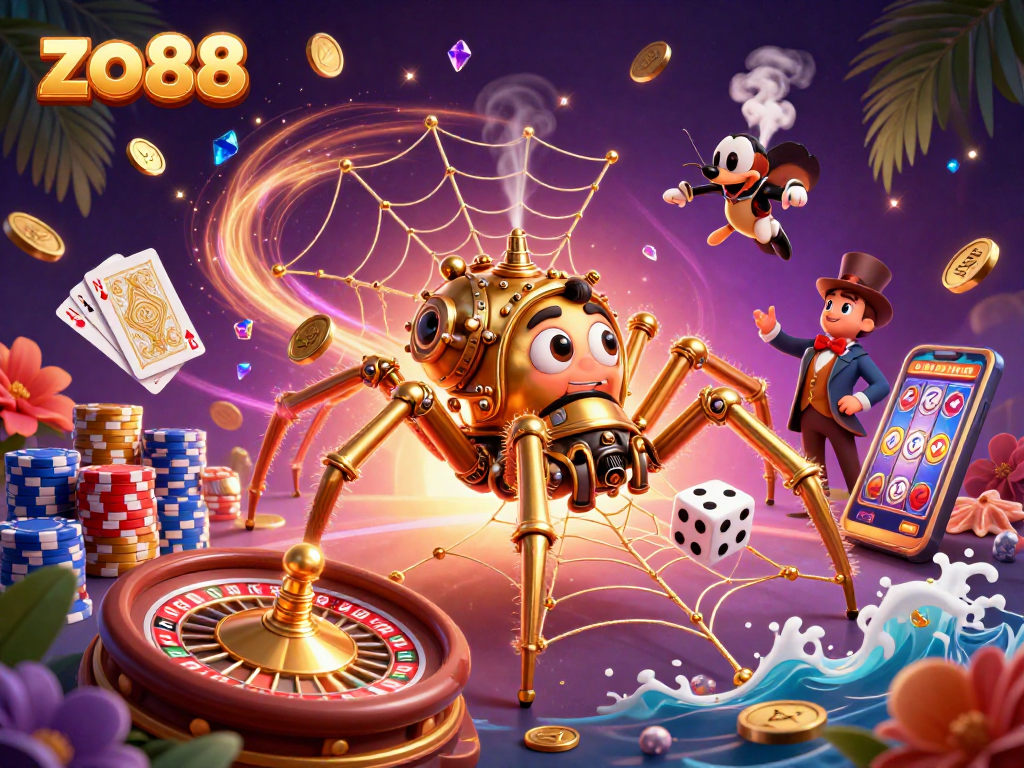 Catch golden jackpots at zo88 with an enchanting steampunk spider and captivating casino elements.