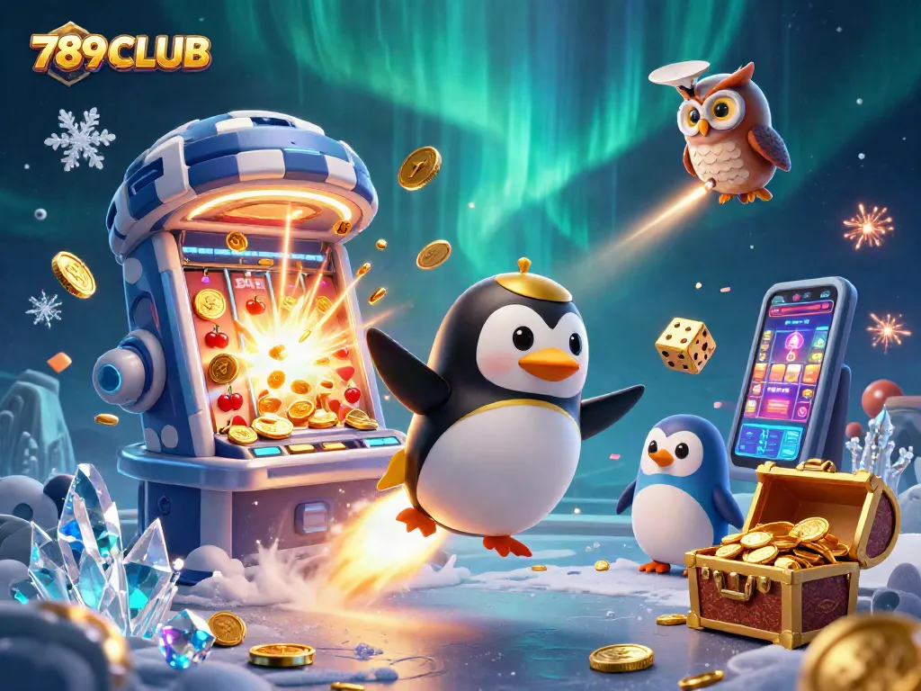 Engage with 789CLUB's vibrant casino universe as a golden penguin races towards a poker chip station.