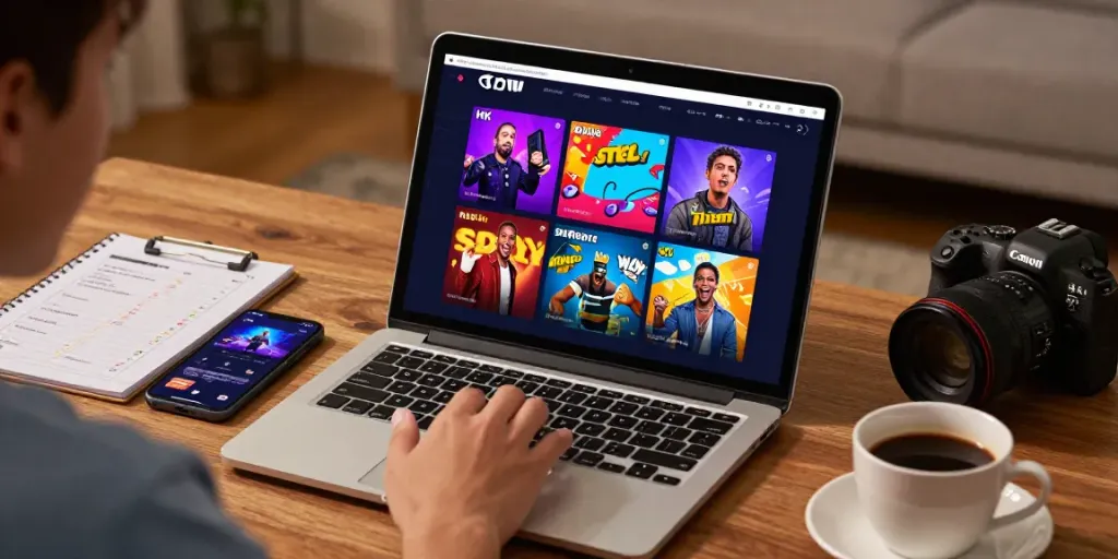 Platform online Tisu4d yang menampilkan pengguna berinteraksi dengan permainan lotere HK, SDY, dan Macau di laptop.
