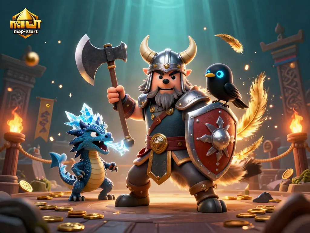 Experience map-escort adventures with a Viking warrior, dragon, and raven in a vibrant casino scene.