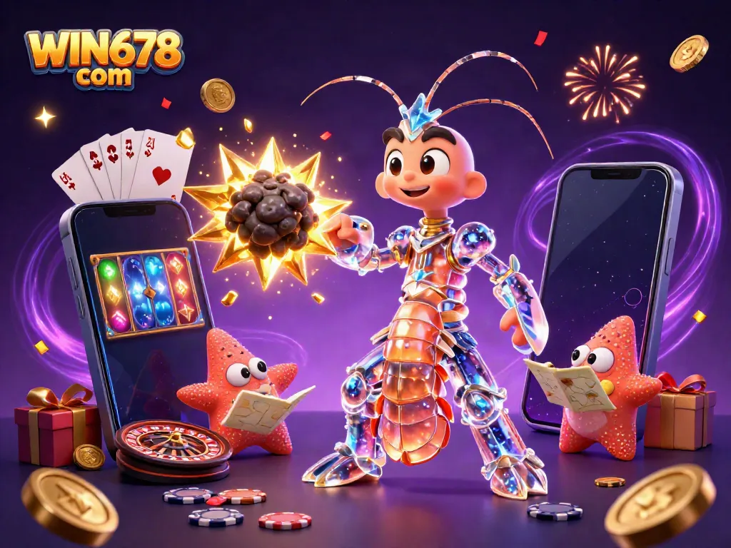 Experience the excitement of WIN678 com with a dynamic illustration of an animated samurai mantis shrimp and casino elements.