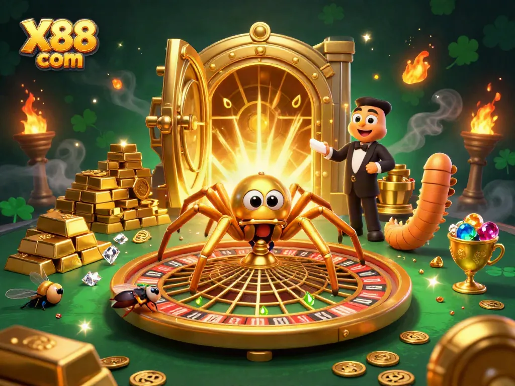 Engage with exciting betting strategies at X88 com with golden treasures, an adventurous spider, and a lively croupier.