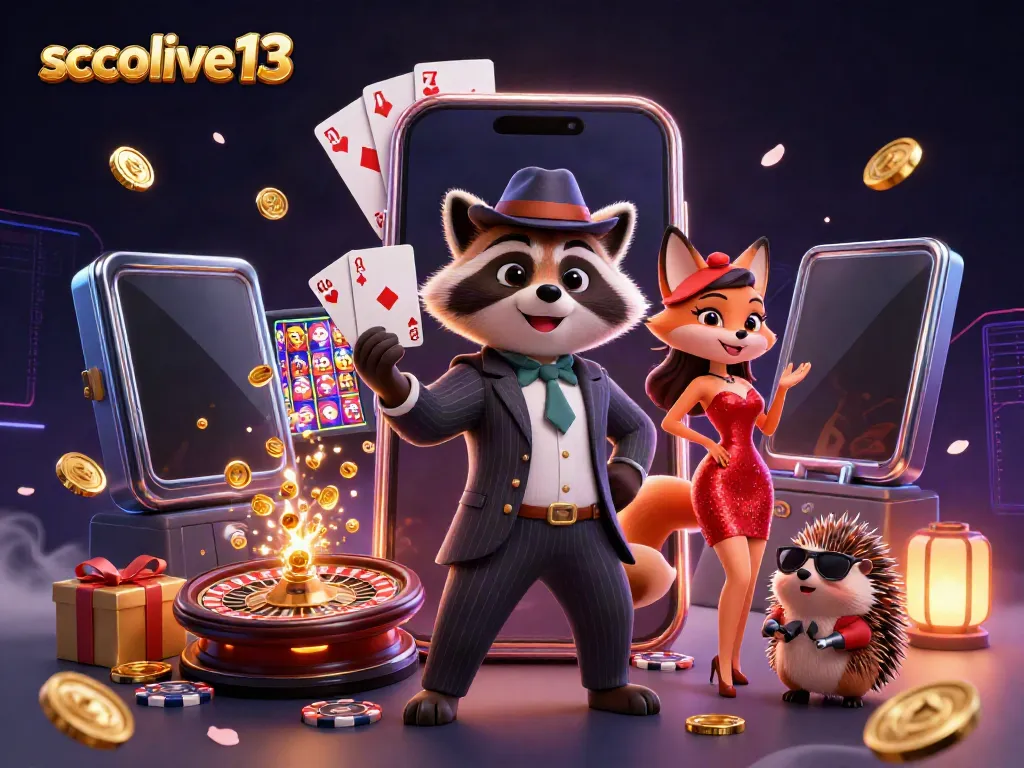 Engaging gameplay at socolive13 as a suave raccoon and a fox lady play cards amidst vibrant casino elements.