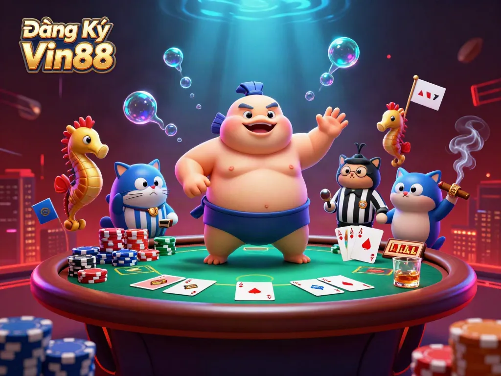 Engage in thrilling gameplay with Đăng Ký Vin88 featuring vibrant casino elements and characters.