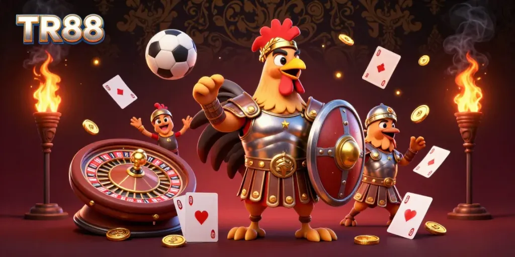 Join the excitement at TR88 with a vibrant 3D illustration of gambling action featuring a rooster and dynamic sports elements.