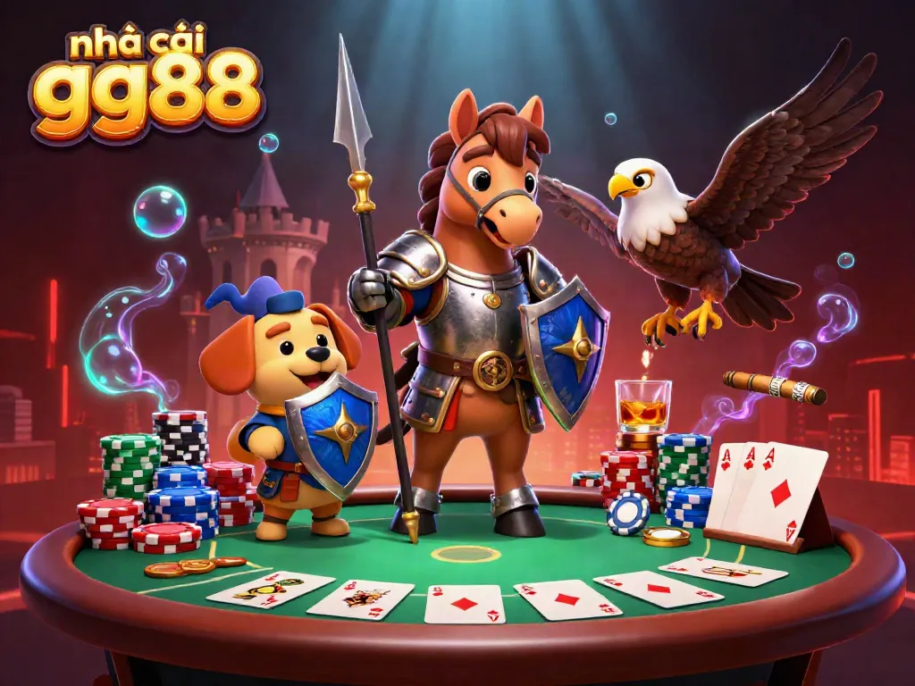 Engaging scene showcasing nhà cái gg88 with a medieval knight, squire, and falcon at a vibrant poker table.