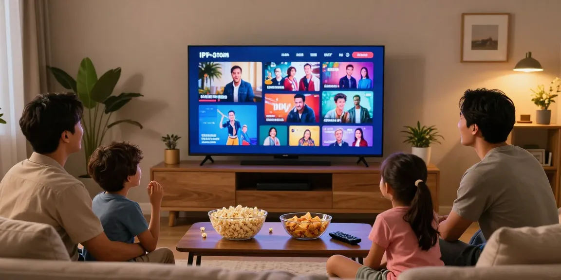 La famille profite d'un service Iron TV Pro sur un grand téléviseur, rires et collations autour.