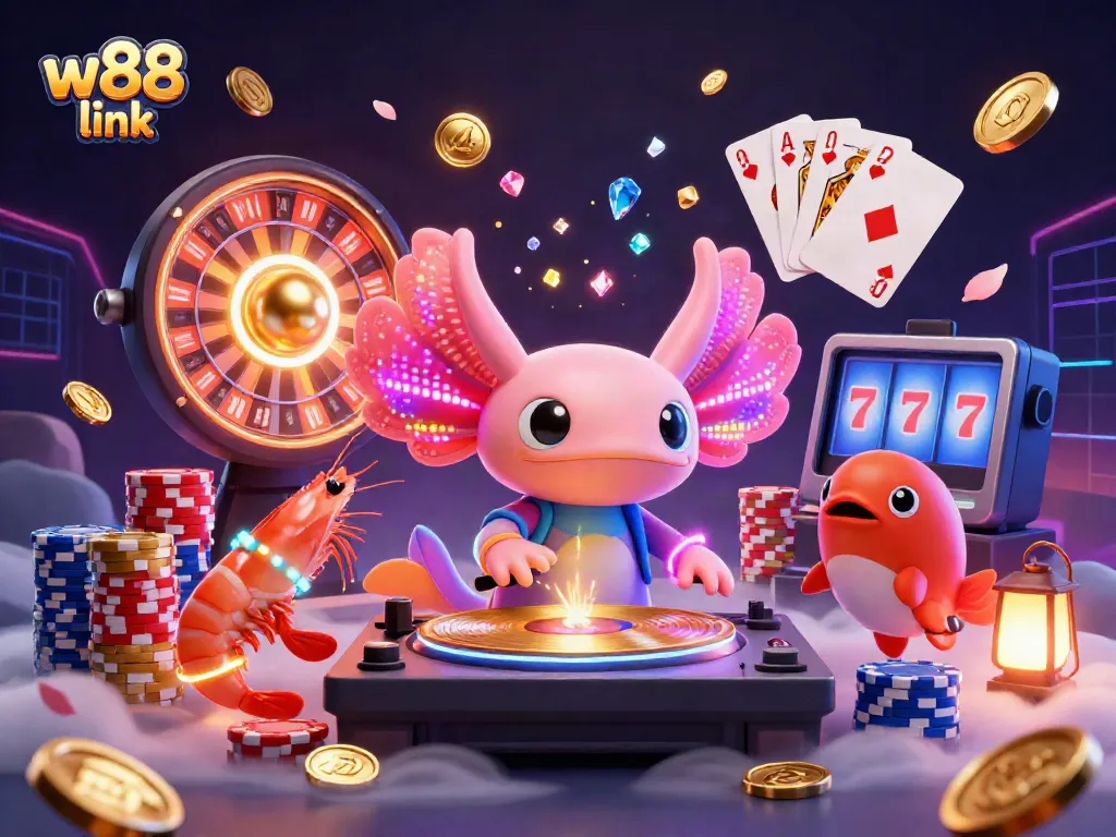 Experience the thrill of w88 link with a vibrant scene showcasing a DJ axolotl and energetic sea creatures surrounded by casino elements.