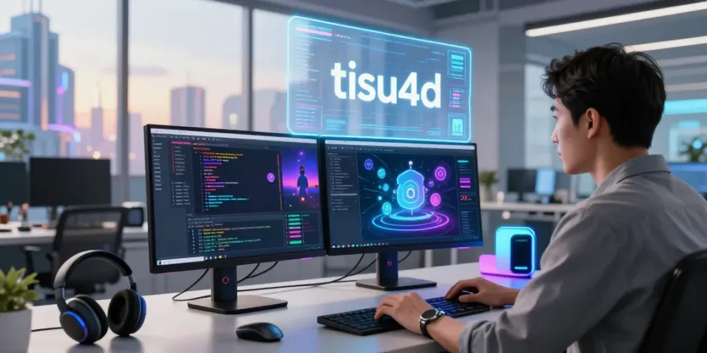 Antarmuka digital tisu4d yang futuristik dalam ruang kerja modern dengan software engineer.