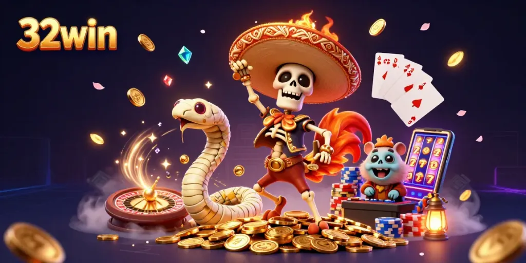 Experience thrilling gaming action with 32win in this vibrant 3D casino illustration.