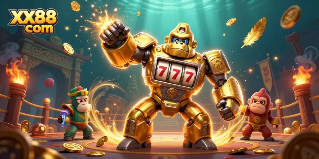 Experience thrilling gameplay with XX88 com as a golden gorilla mech battles through a vibrant casino arena.