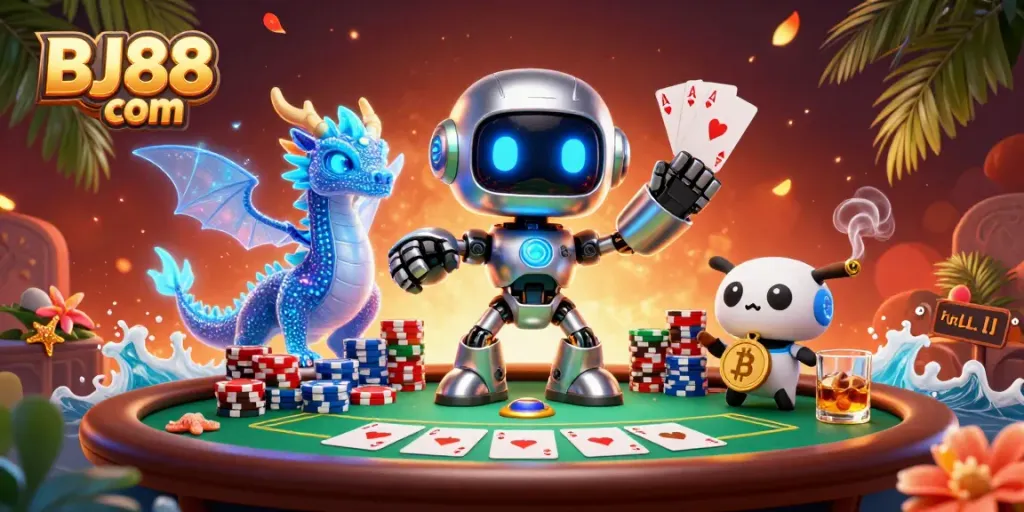 Experience thrilling gameplay at BJ88 com with a vibrant cyberpunk casino scene full of poker excitement.