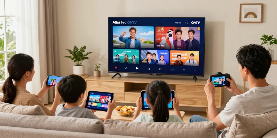 Famille profitant d'Atlas pro ontv sur un TV dans un salon chaleureux