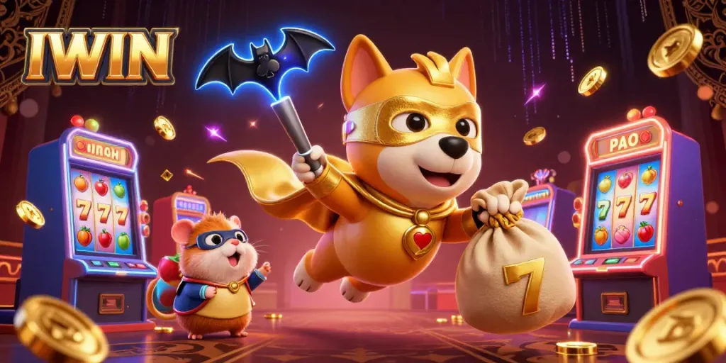 Win big with IWIN by playing exciting slot games alongside a superhero dog illustration.