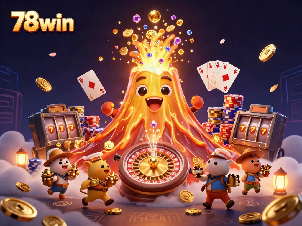 Experience the excitement of 78win with a triumphant volcano and treasure-filled adventure in this vibrant casino scene.