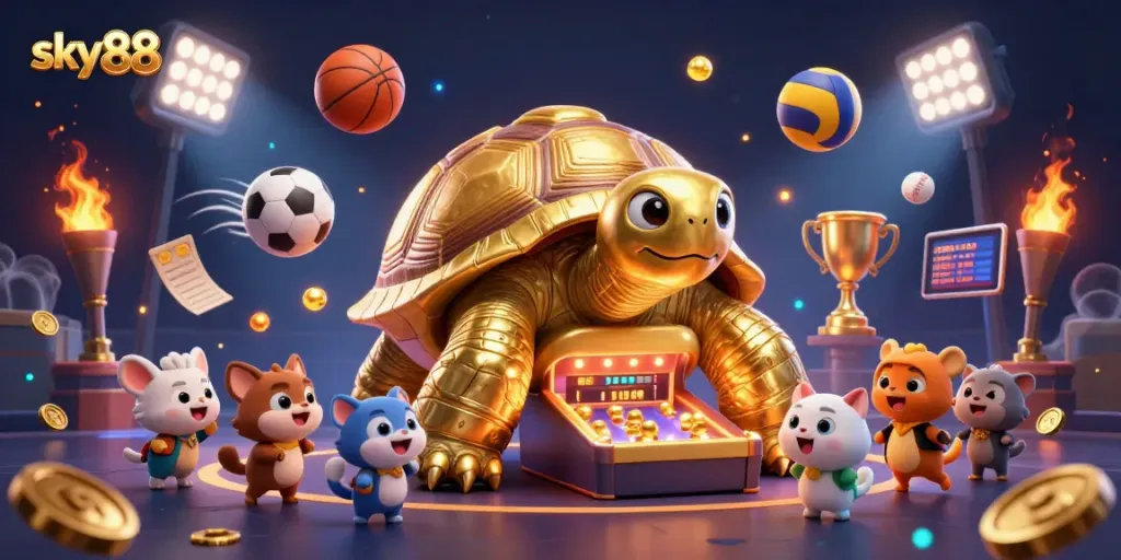 Watch the sky88 colossal golden tortoise as it plays a lively casino game with tiny animals in action.