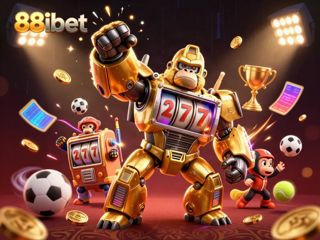 88ibet showcases a dynamic 3D casino scene with a golden gorilla mech and sports elements.