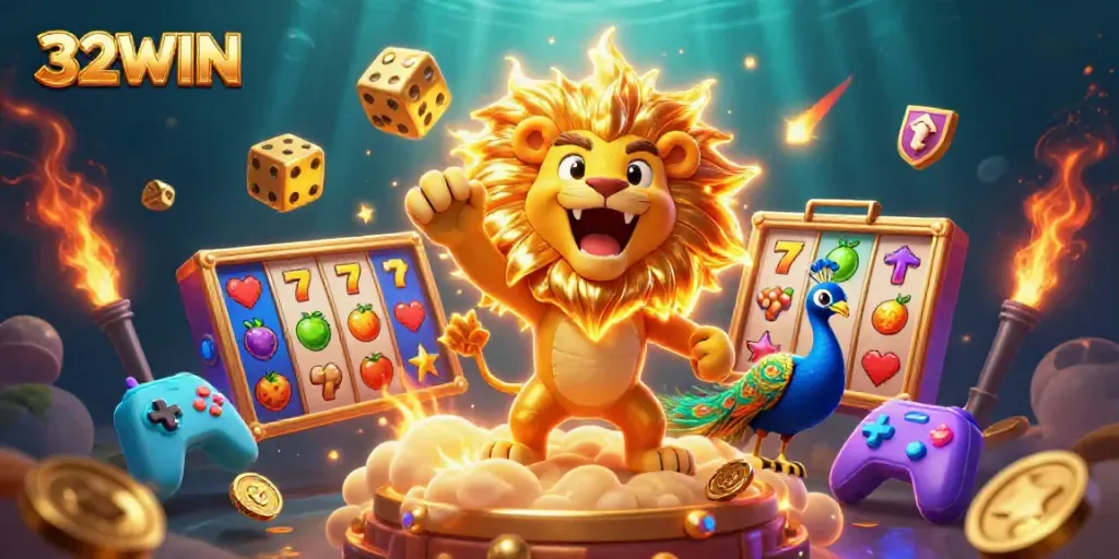 Engage in gaming adventure with 32WIN and vibrant slot reels filled with lucky 7s and fruit symbols.