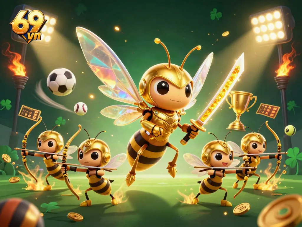 Engage in thrilling games at 69 vn with golden hornet characters and sports elements.