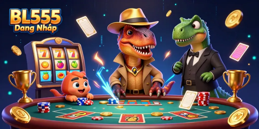 Experience the excitement of BL555 Đăng Nhập with animated characters at a casino table surrounded by vibrant gaming elements.