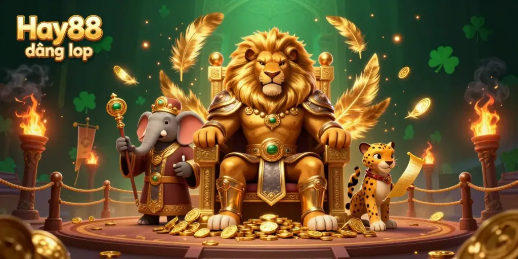 Experience Hay88 đăng nhập with a vibrant scene featuring a lion king and casino elements.