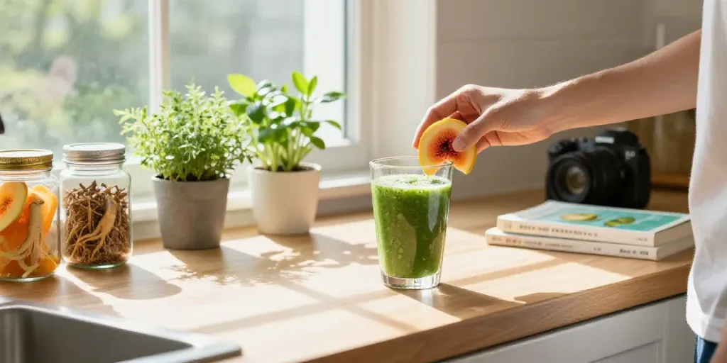 Natural health preparation scene featuring products from naturaforce.com, emphasizing vibrant smoothies and organic supplements.